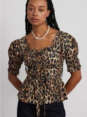 Leopard Print Smocked Peplum Top - Brown/Black